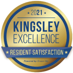 a round blue and yellow badge with the words kingsley excellence residential satisfaction