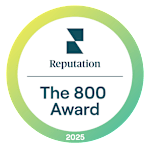 A circular logo with the text "Reputation", "The 800 Award", and "2025" on it.