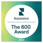 a green and white award logo with the words reputation the 800 award
