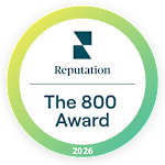 A circular logo with the text "Reputation", "The 800 Award", and "2026" on it.