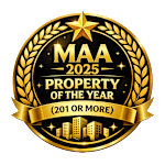 A golden badge signifies the MAA 2025 Property of the Year award for 201 or more properties.