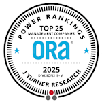 A circular logo with the text "Power Rankings Top 25 Management Companies" and "ORA 2025 Divisions II-V J Turner Research".