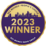 A purple and gold emblem signifies that Des Moines' radio group is the people's choice winner for 2023.