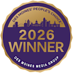 A purple and gold emblem signifies that Des Moines' People's Choice is the 2026 winner.