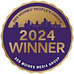 A purple and gold emblem signifies that Des Moines' media group is the winner of a 2024 award.