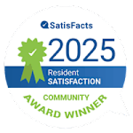 A badge indicating a Satisfacts 2025 Resident Satisfaction Community Award Winner.