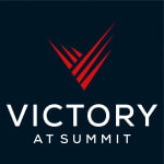 a logo for victory at summit with a blue background and a red pyramid