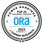 ORA seal with the words power rankings top 25 management companies 2023