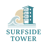 A graphic of a building with the words "SURFSIDE TOWER" in front of a wave.