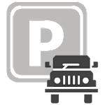 A black and white image of a parking sign with a car underneath it.