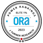 A badge indicating a 2023 power ranking of Ora by J Turner Research.