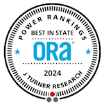 A circular emblem with the text "POWER RANKINGS BEST IN STATE Ora 2024 J TURNER RESEARCH".