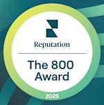 A graphic with a green and blue background displays the text "Reputation, The 800 Award, 2025".