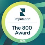 A graphic with a green and blue background displays the text "Reputation, The 800 Award, 2025".