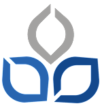 A graphic with a grey and blue design featuring a leaf-like shape.