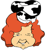 A cartoon image of a woman with red hair and a cow's head on top of her.