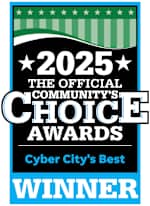 A blue and black award sign that says "2025 The Official Community's Choice Awards Cyber City's Best Winner".