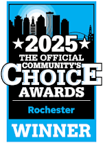 A blue and black poster announcing Rochester as the winner of the 2025 Community's Choice Awards.