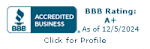 A BBB logo with an A+ rating and an accredited business badge.