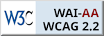 A graphic with a blue and black logo on the left and red and black text on the right that reads WAI-AA WCAG 2.2.