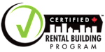 A logo for a certified rental building program featuring a green checkmark and a silhouette of a city skyline.