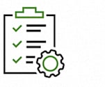 A clipboard with a checklist and a gear icon.