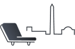 A black and white silhouette of a city skyline with a chair in the foreground.