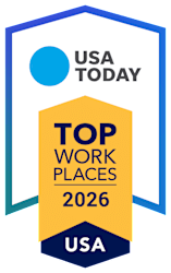 a graphic of four orange tags with the words top work places 2020