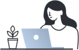 A woman is working on a laptop with a potted plant beside her.