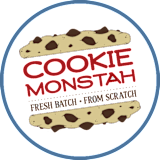 A logo for Cookie Monstah featuring a chocolate chip cookie. at Trio Newton Apartments, Apartments, Newton, MA