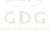 A poster with the text "Unparalleled Living at GDG Great Dunmow Grange" in bold letters.