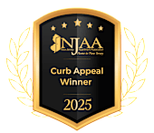 A black and gold award badge for the Curb Appeal Winner 2025 from the New Jersey Apartment Association.