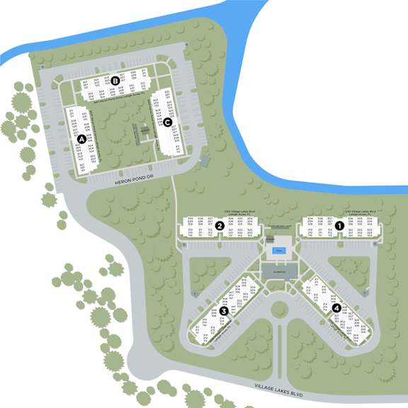 A map of a residential area with a pond and a road.