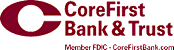 a pink logo with the words cc first bank and trust