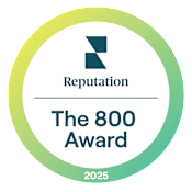 A circular logo with the text "Reputation", "The 800 Award", and "2025" on it.