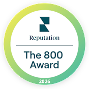 A circular logo with the text "Reputation", "The 800 Award", and "2026" on it.
