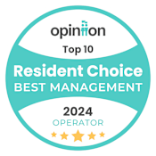 A badge indicating a top 10 resident choice award for best management in 2024