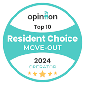 A circular badge indicating a top 10 resident choice move-out rating for 2024