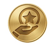 A golden coin with a star and a hand design is displayed against a black background.