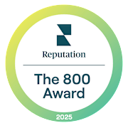 A circular logo with the text "Reputation", "The 800 Award", and "2025" on it.