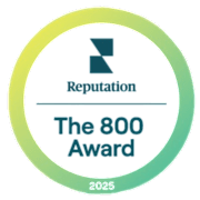 A circular logo with the text "Reputation The 800 Award" and a ribbon that says "2025".