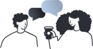 Two people are having a conversation with speech bubbles above them.