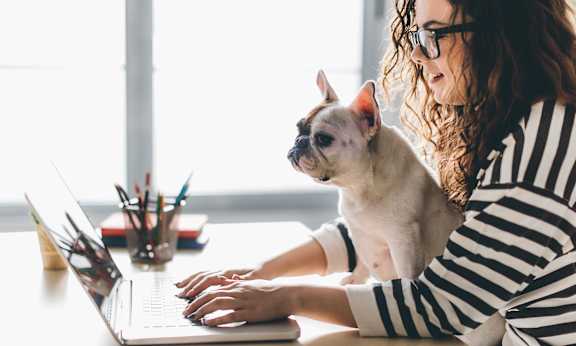 girl looking online with pet