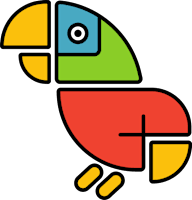 A graphic with a black background features a stylized bird with a yellow beak and feet, and a multicolored body.