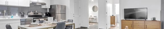 A modern kitchen with a dining table and chairs.