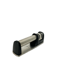 A black and silver door stopper on a black background.