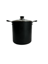 A black pot with a lid and two handles.