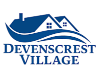 A logo with a house and waves and the words "Devenscrest Village" in blue.