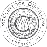 The image is a black and white logo of McClintock Distilling in Frederick, Maryland.