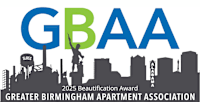 A logo for the Greater Birmingham Apartment Association with a 2025 Beautification Award.
